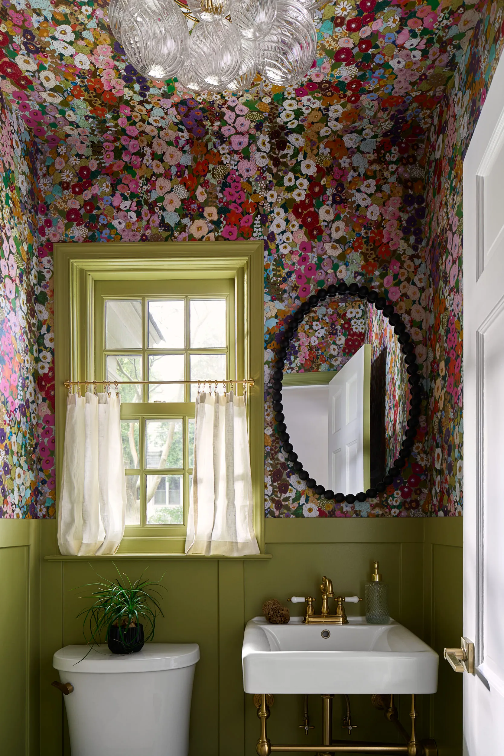 A wildflower ceiling atop chartreuse trim